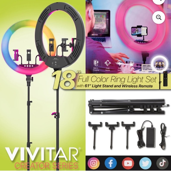 vivitar Other - Vivitar 18" LED RGB Ring Light Tripod Holder USB Charging Ports Wireless…